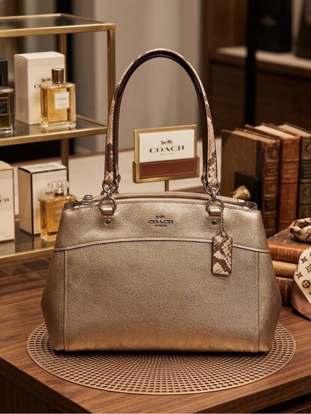Coach Brooke Metallic Gold Leather Satchel w/ Snake-Print Handle Accent *EUC